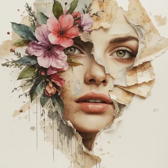 Vintage Floral Woman Collage Clipart — watercolor clipart transparent PNG instant download