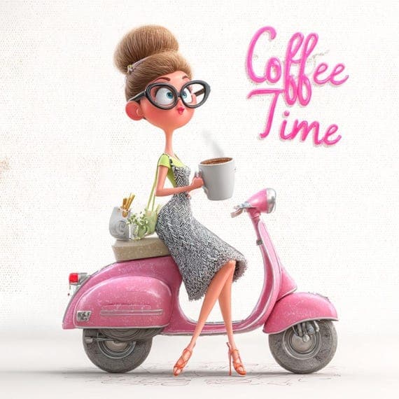 16 Quirky Coffee Scooter Girl Clipart (PNG JPG) — view 8 — watercolor clipart transparent PNG instant download
