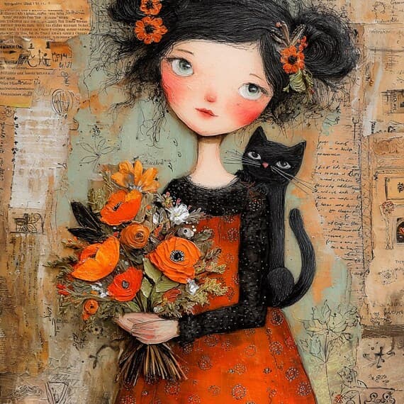 15 Whimsical Girl & Cat Clipart JPG – Folk Art Floral Illustrations fo — view 2 — watercolor clipart transparent PNG instant download