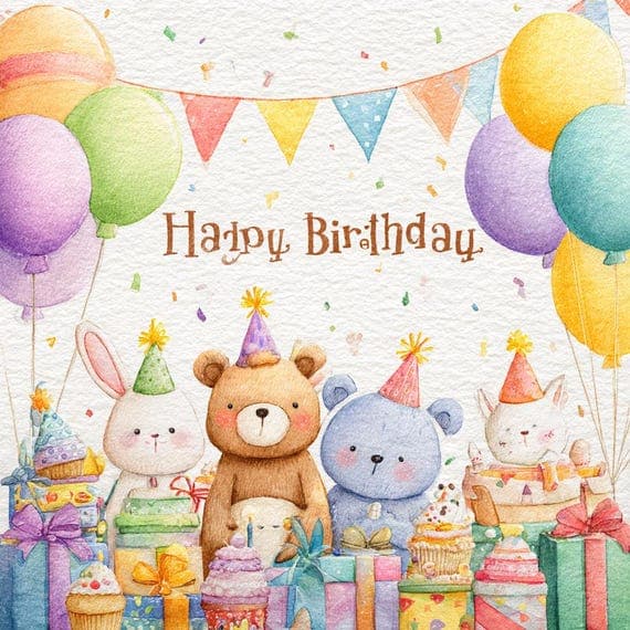 10 Happy Birthday Animal Clipart — view 5 — watercolor clipart transparent PNG instant download