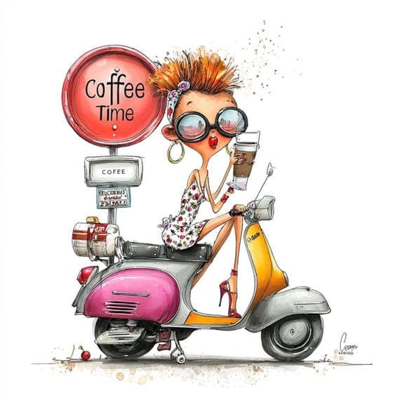 16 Quirky Coffee Scooter Girl Clipart (PNG JPG) — view 2 — watercolor clipart transparent PNG instant download