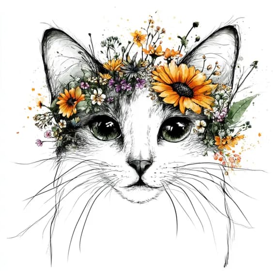24 Tuxedo Cat Clipart Floral Crown — view 8 — watercolor clipart transparent PNG instant download