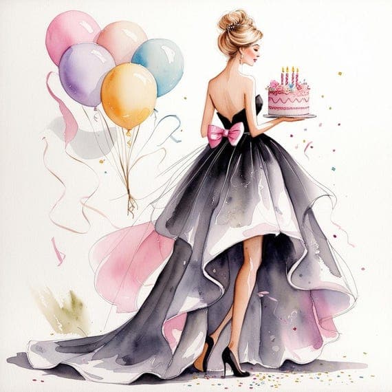 Elegant Birthday Girl Clipart — view 3 — watercolor clipart transparent PNG instant download