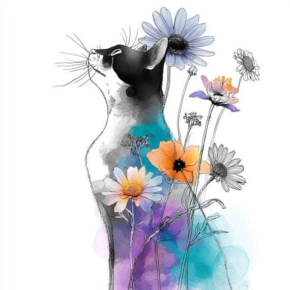 15 Floral Cat Silhouette Clipart (JPG) — view 3 — watercolor clipart transparent PNG instant download
