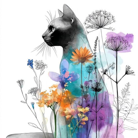 15 Floral Cat Silhouette Clipart (JPG) — view 5 — watercolor clipart transparent PNG instant download