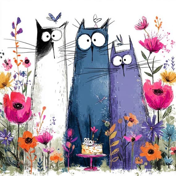 15 Quirky Cat Clipart (JPG) – Whimsical Floral Cats Illustration — view 2 — watercolor clipart transparent PNG instant download