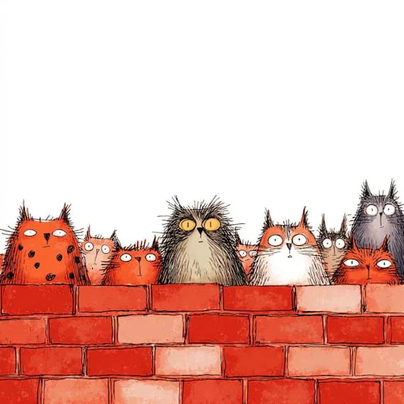25 Quirky Brick Wall Cat Clipart — watercolor clipart transparent PNG instant download