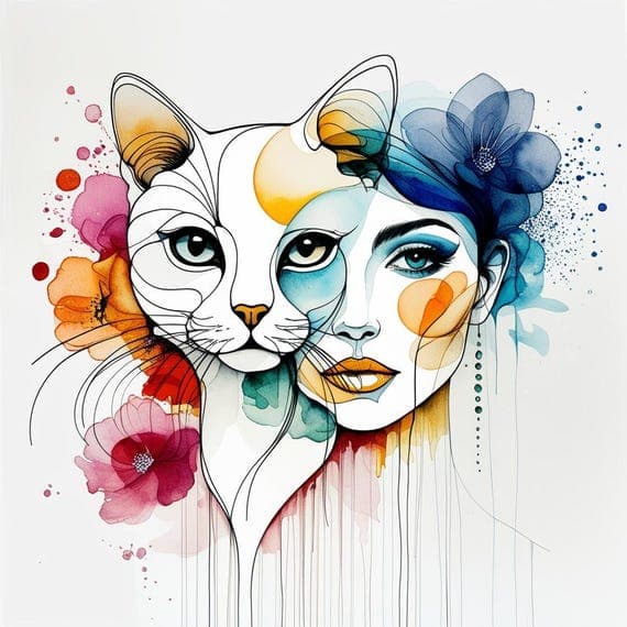 Floral Woman and Cat Watercolor Clipart — view 7 — watercolor clipart transparent PNG instant download