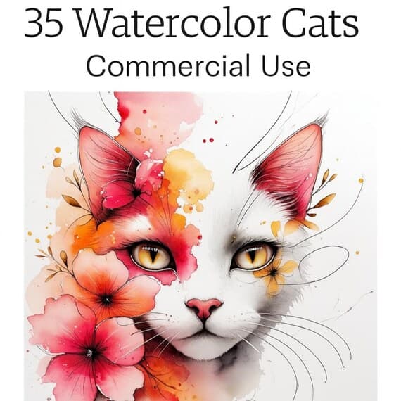 Floral Cat Watercolor Clipart — view 2 — watercolor clipart transparent PNG instant download