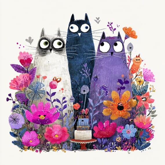 15 Quirky Cat Clipart (JPG) – Whimsical Floral Cats Illustration — view 5 — watercolor clipart transparent PNG instant download