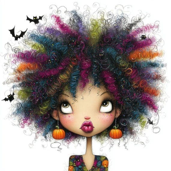 15 Quirky Halloween afro Girl Clipart , abstract Funny Spooky Printabl — view 2 — watercolor clipart transparent PNG instant download