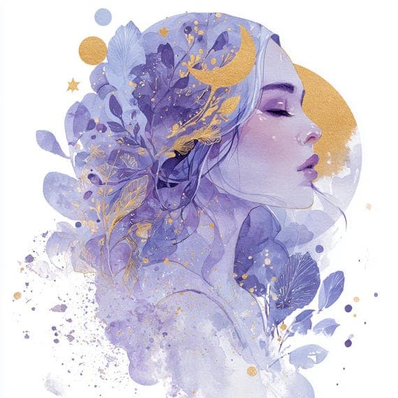 15 Lavender Celestial Woman Faces – Purple Moon Goddess Watercolor Cli — view 6 — watercolor clipart transparent PNG instant download