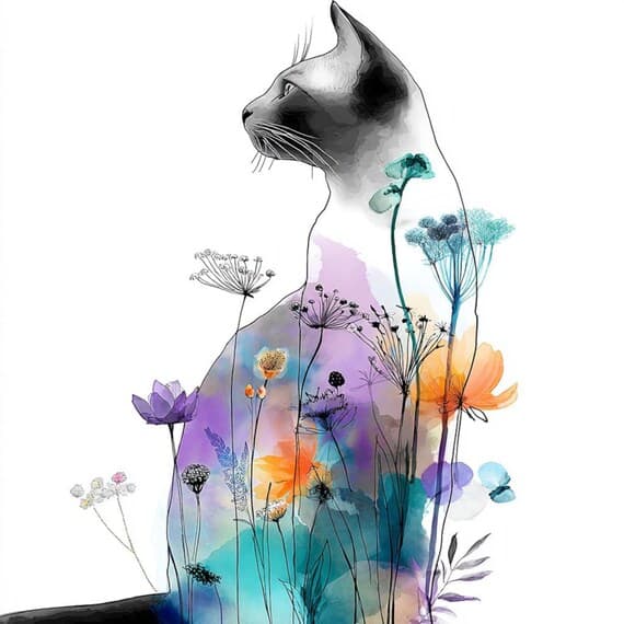 15 Floral Cat Silhouette Clipart (JPG) — view 2 — watercolor clipart transparent PNG instant download