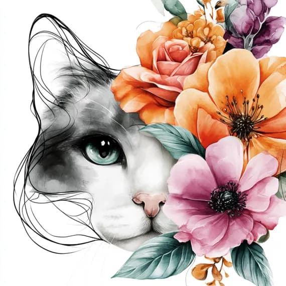 24 Tuxedo Cat Clipart Floral Crown — view 6 — watercolor clipart transparent PNG instant download