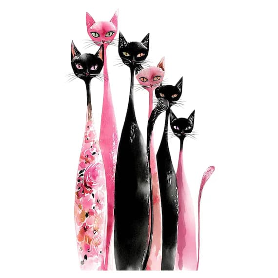 25 Pink & Black Fashion Cats Clipart (JPG) — watercolor clipart transparent PNG instant download