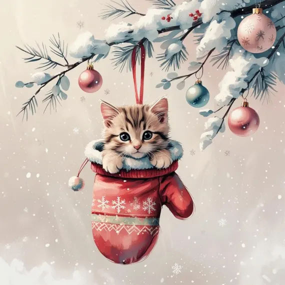 Christmas Kitten Clipart, Watercolor Cat in Mitten (Digital Download) — watercolor clipart transparent PNG instant download