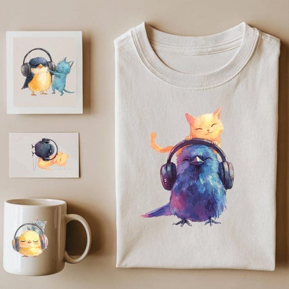 4 Cat and Bird Headphones Clipart – Watercolor Animals PNG & JPG – Sub — view 4 — watercolor clipart transparent PNG instant download