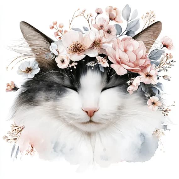 24 Tuxedo Cat Clipart Floral Crown — view 3 — watercolor clipart transparent PNG instant download