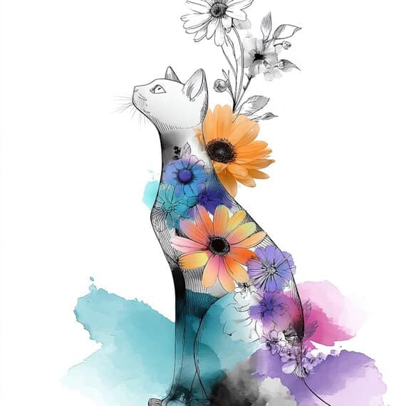 15 Floral Cat Silhouette Clipart (JPG) — view 4 — watercolor clipart transparent PNG instant download