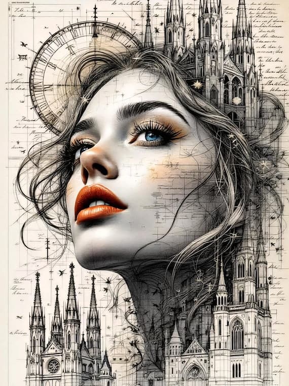 Architectural Fantasy Woman 12 JPG — Gothic Cathedral Fantasy Portrait — watercolor clipart transparent PNG instant download