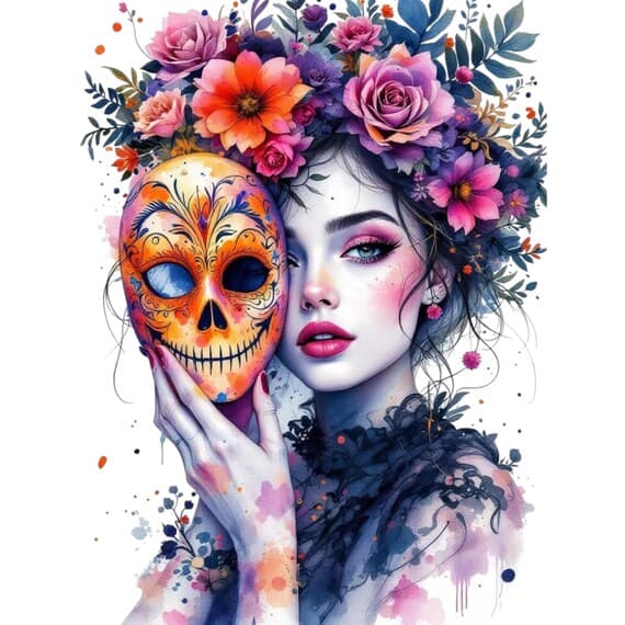 Glam Witch PNG – Halloween Woman Portrait, Bats & Florals (Transparent — view 2 — watercolor clipart transparent PNG instant download