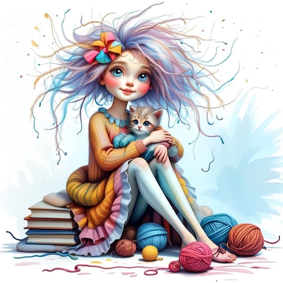 12 Watercolor Whimsical Girl & Cat Clipart — watercolor clipart transparent PNG instant download