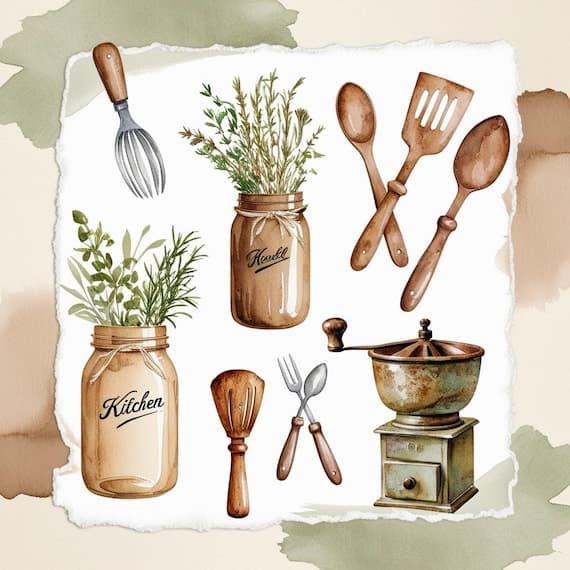 Farmhouse Kitchen Art Prints — view 5 — watercolor clipart transparent PNG instant download