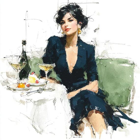 15 Watercolor Lifestyle Prints, Elegant Women with Wine and Cake, Chic — view 6 — watercolor clipart transparent PNG instant download
