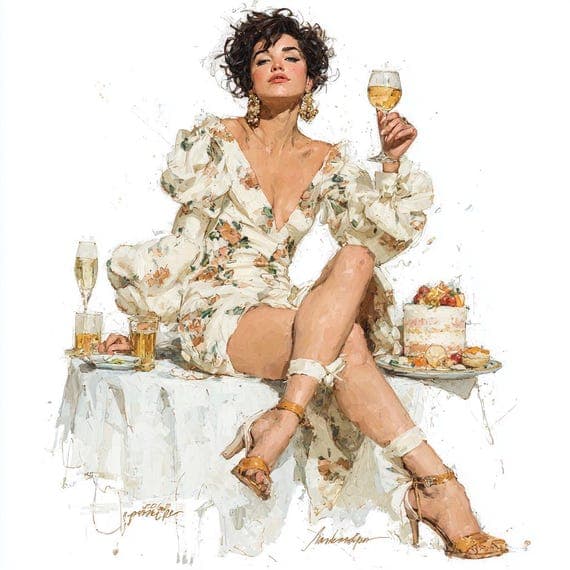 15 Watercolor Lifestyle Prints, Elegant Women with Wine and Cake, Chic — view 3 — watercolor clipart transparent PNG instant download