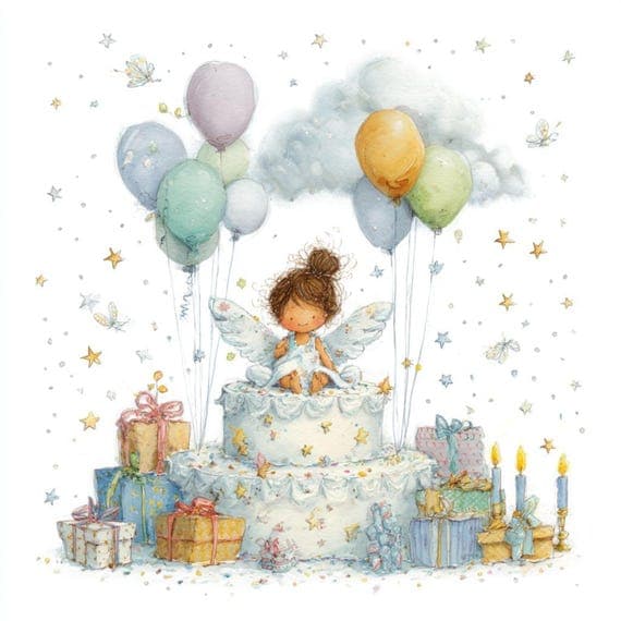 18 Angel Birthday Card Clipart (JPG) — view 8 — watercolor clipart transparent PNG instant download