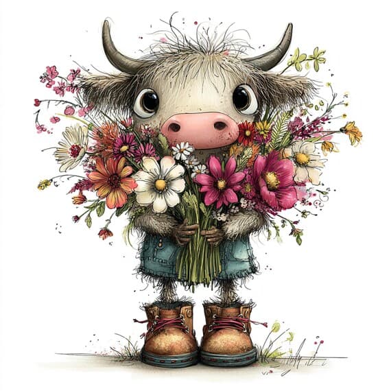 33 Whimsical Baby Highland Cow Clipart — view 2 — watercolor clipart transparent PNG instant download