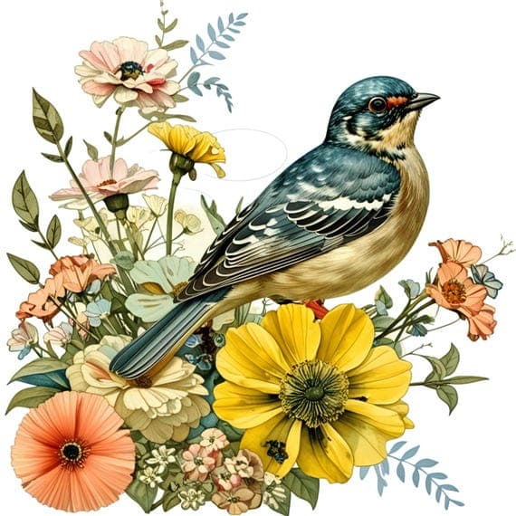 12 Vintage Bird Floral Bundle — watercolor clipart transparent PNG instant download