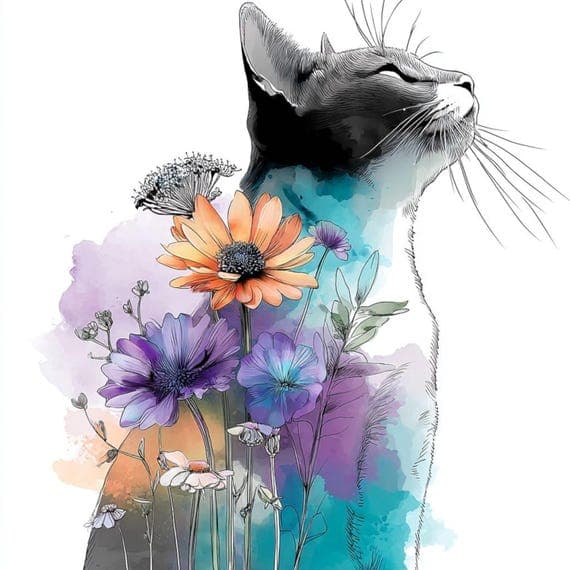 15 Floral Cat Silhouette Clipart (JPG) — view 7 — watercolor clipart transparent PNG instant download
