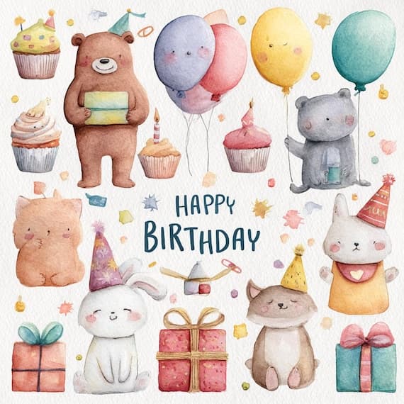 10 Happy Birthday Animal Clipart — view 4 — watercolor clipart transparent PNG instant download