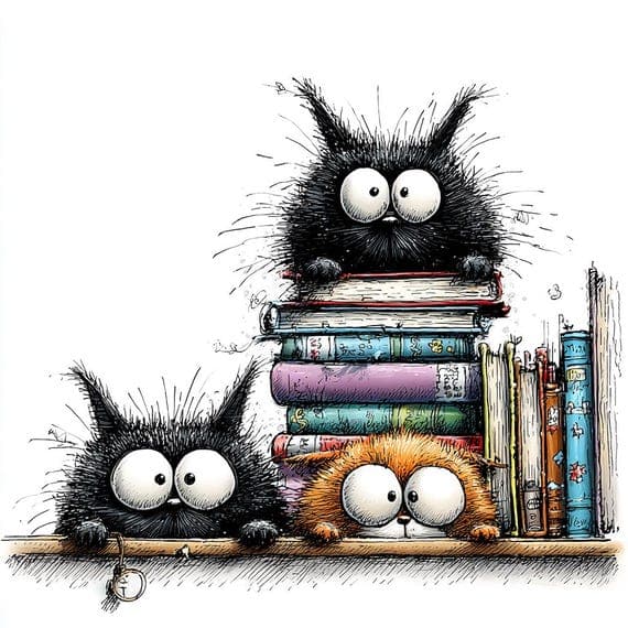 23 Fluffy Black Cat Clipart JPG – Funny Book Lover Cats for Junk Journ — view 4 — watercolor clipart transparent PNG instant download