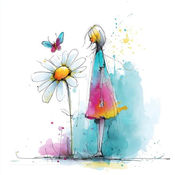Whimsical Girl with Daisy Clipart β view 5 β watercolor clipart transparent PNG instant download
