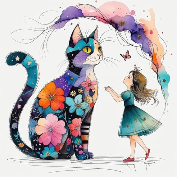 Watercolor Floral Cat & Girl Clipart β view 6 β watercolor clipart transparent PNG instant download