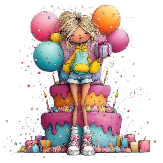 15 Quirky Birthday Girl Clipart Bundle – Fun Cake & Balloon Illustrati — view 8 — watercolor clipart transparent PNG instant download