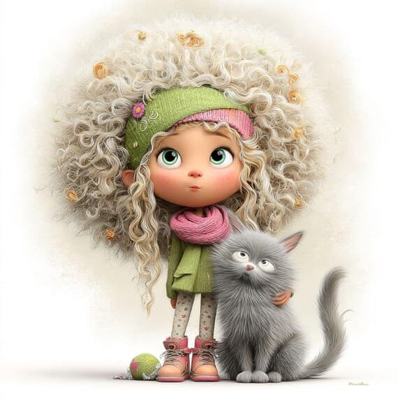 15 Quirky Girl and Cat Clipart (JPG PNG) – Funny Cozy Character Illust — view 5 — watercolor clipart transparent PNG instant download