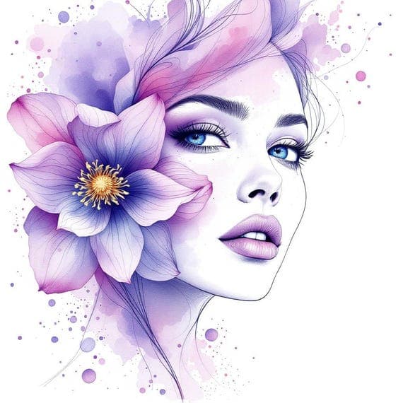 Floral Woman Face Watercolor Clipart – Violet PNG Images (Digital Down — view 2 — watercolor clipart transparent PNG instant download