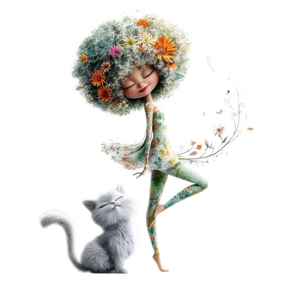 Whimsical Girl and Cat Clipart – Floral Hair Art (JPG) — watercolor clipart transparent PNG instant download