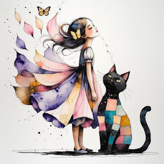 Watercolor Girl and Patchwork Cat Clipart β view 2 β watercolor clipart transparent PNG instant download