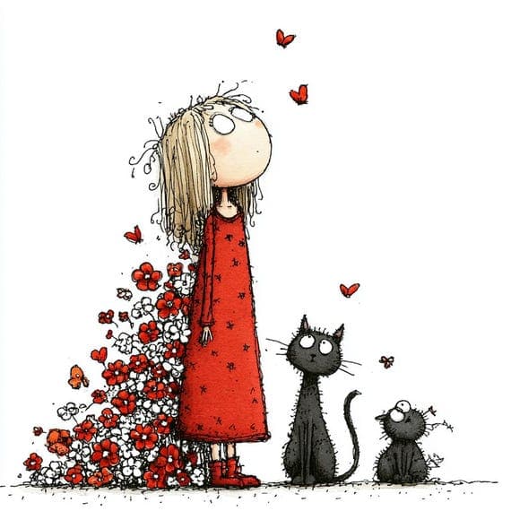 30 Whimsical Girl and Cat Clipart β view 3 β watercolor clipart transparent PNG instant download