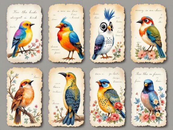 Vintage Bird Ephemera, Printable Bird Cards, Junk Journal Tags (Digita β view 4 β watercolor clipart transparent PNG instant download