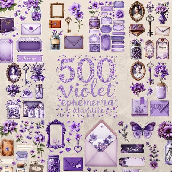 Violet Ephemera Kit, 500+ Purple Scrapbook Collage Elements (Digital D — watercolor clipart transparent PNG instant download