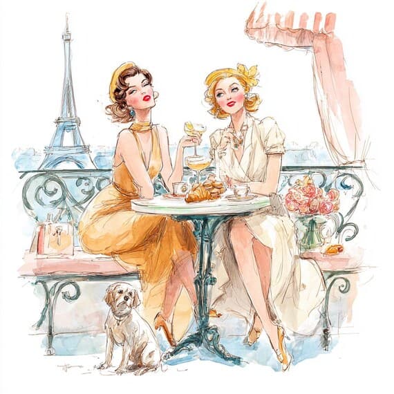 Paris Cafe Watercolor Art Print, Friends, Eiffel Tower (Digital Downlo β view 4 β watercolor clipart transparent PNG instant download
