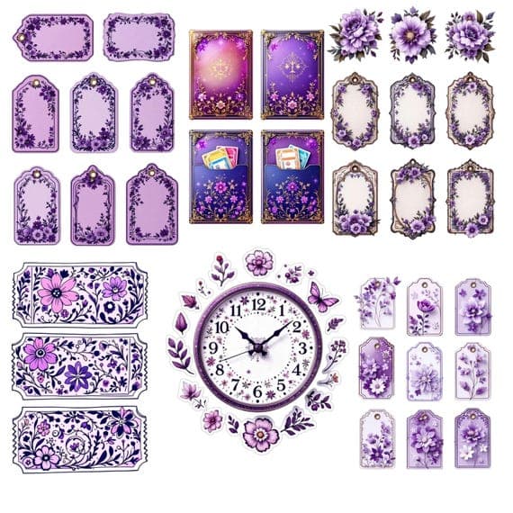 Purple Ephemera Kit, Vintage Junk Journal Pages (Digital Download) β view 7 β watercolor clipart transparent PNG instant download