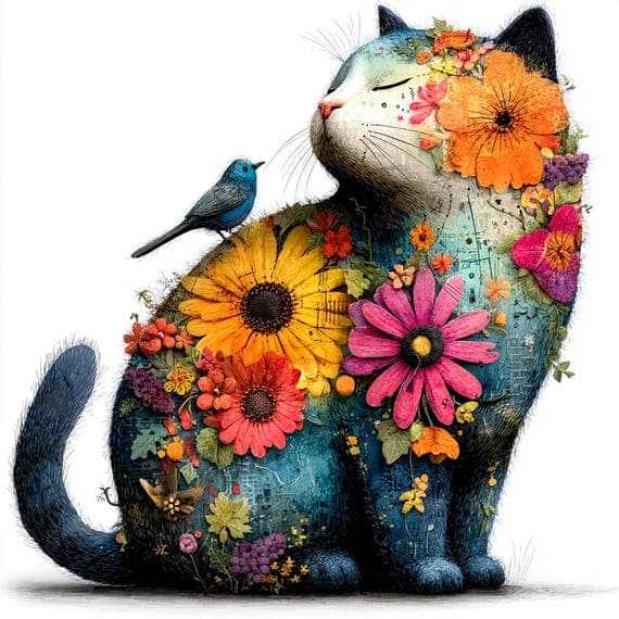 30 Folk Art Floral Cat Clipart — watercolor clipart transparent PNG instant download