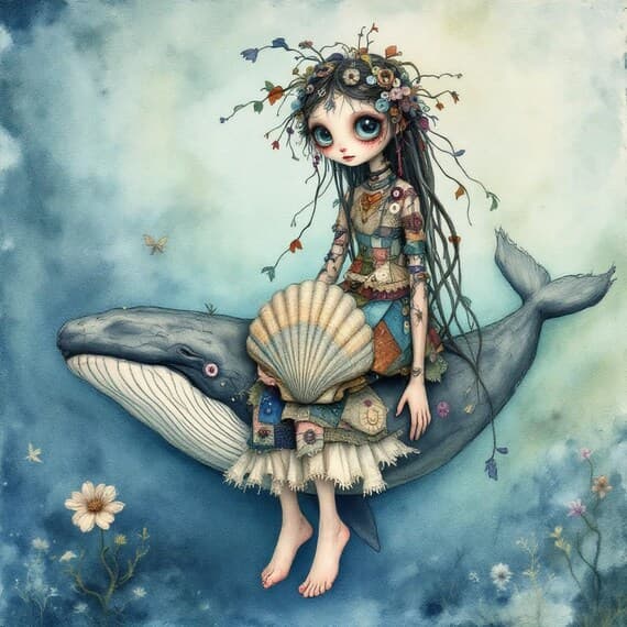 Girl on Whale Clipart Set – Whimsical Fantasy Art (20 JPG) — view 6 — watercolor clipart transparent PNG instant download