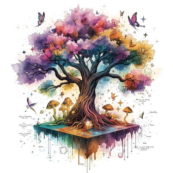 20 Fantasy Tree Blueprint Art β view 3 β watercolor clipart transparent PNG instant download